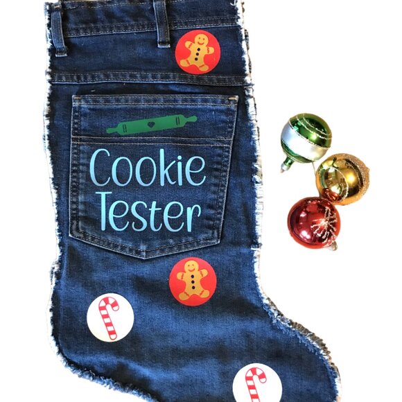 Handmade Denim Christmas Stocking w/Pocket: Cookie Tester Graphic, Size L - Picture 8 of 9
